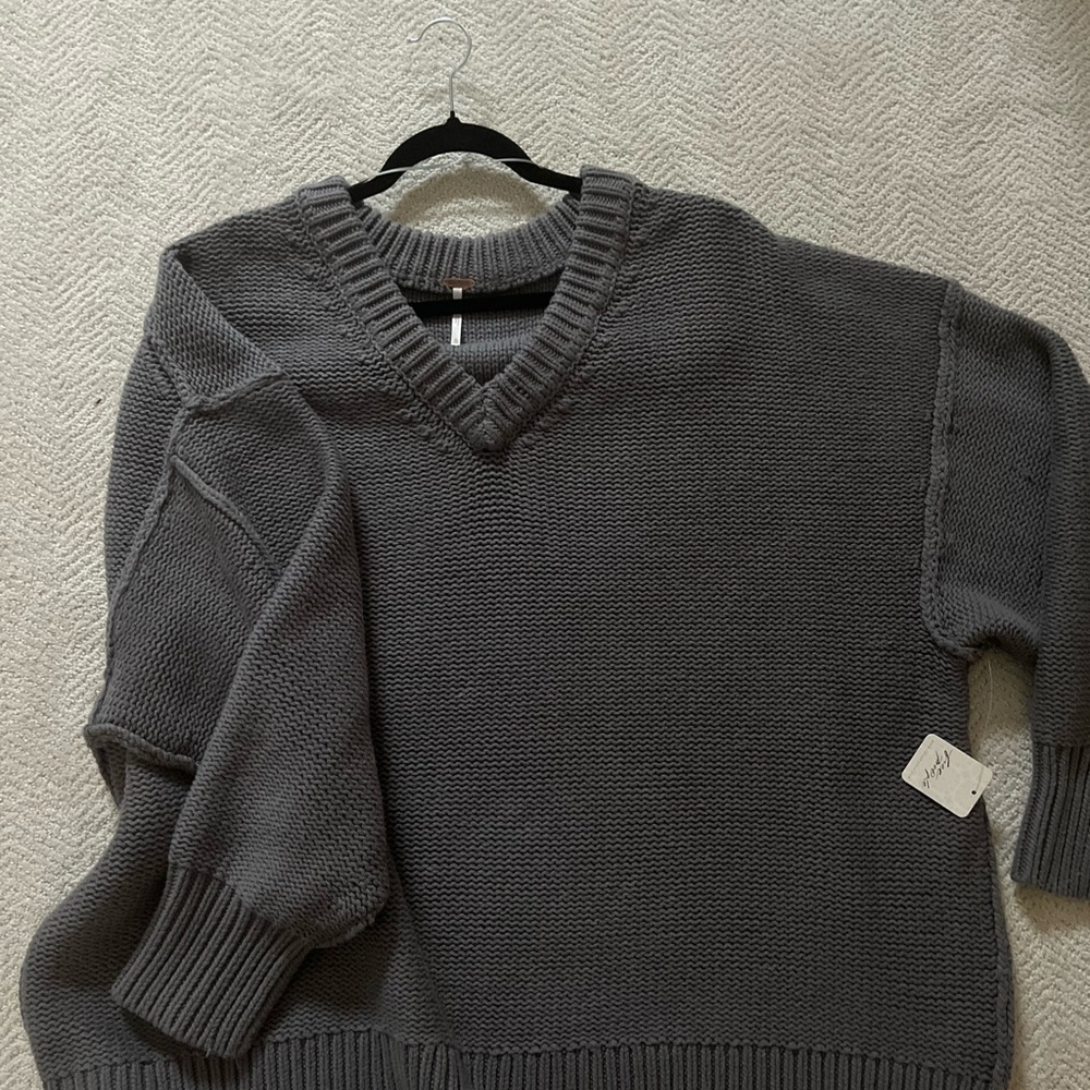 Free People Chunky V-Neck Sweater in Charcoal Gray